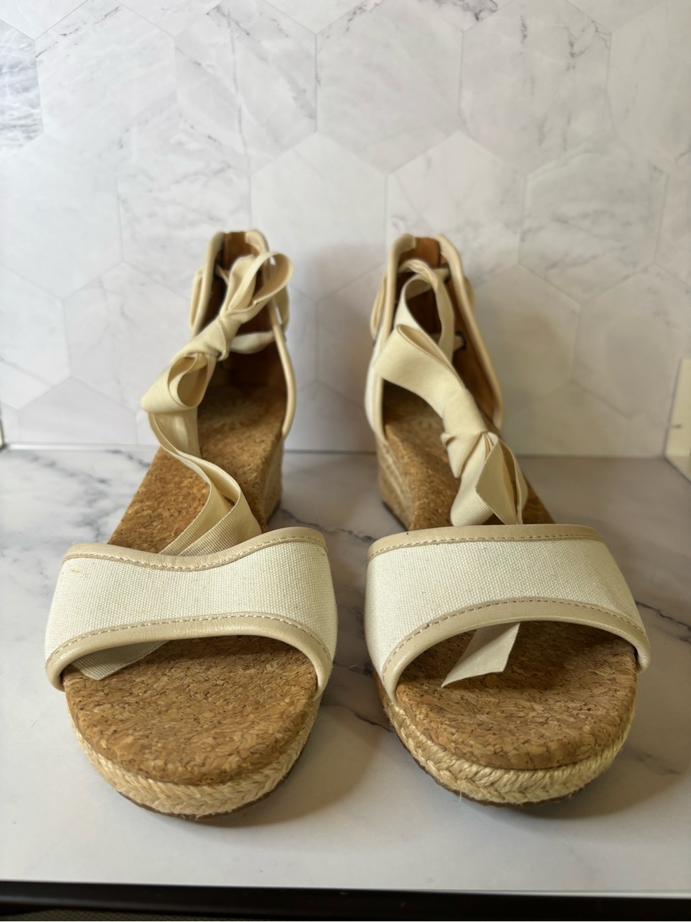 Ugg Women’s Cream Espadrille Wedge Sandals with Ankle Tie NWOT